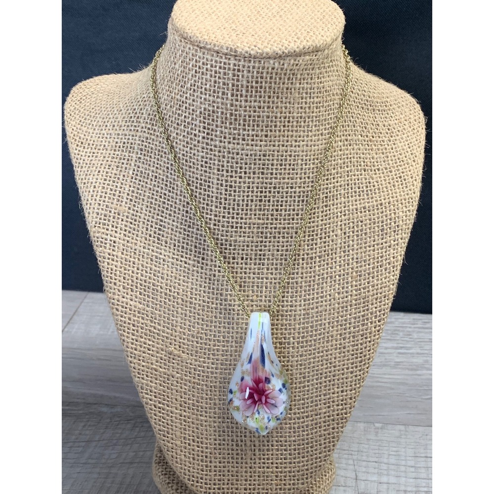 Jewelry Gold Tone Pink Floral Art Glass Teardrop Pendant Necklace 16-19in